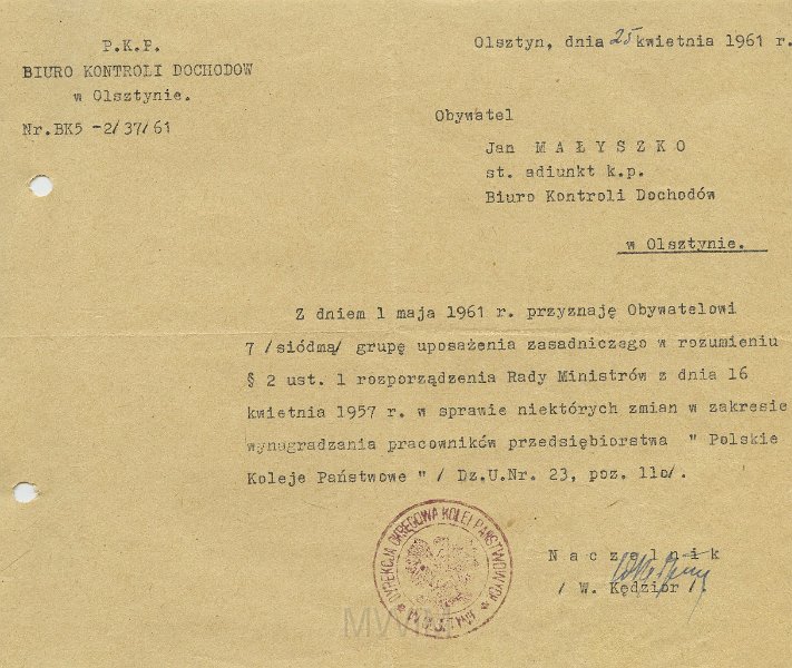 KKE 5621.jpg - Dok. Pismo z Polskich Kolei Państwowych w Olsztynie dla Jana Małyszko dotyczące zmiany uposażenia zasadniczego, Olsztyn, 25 IV 1961 r.